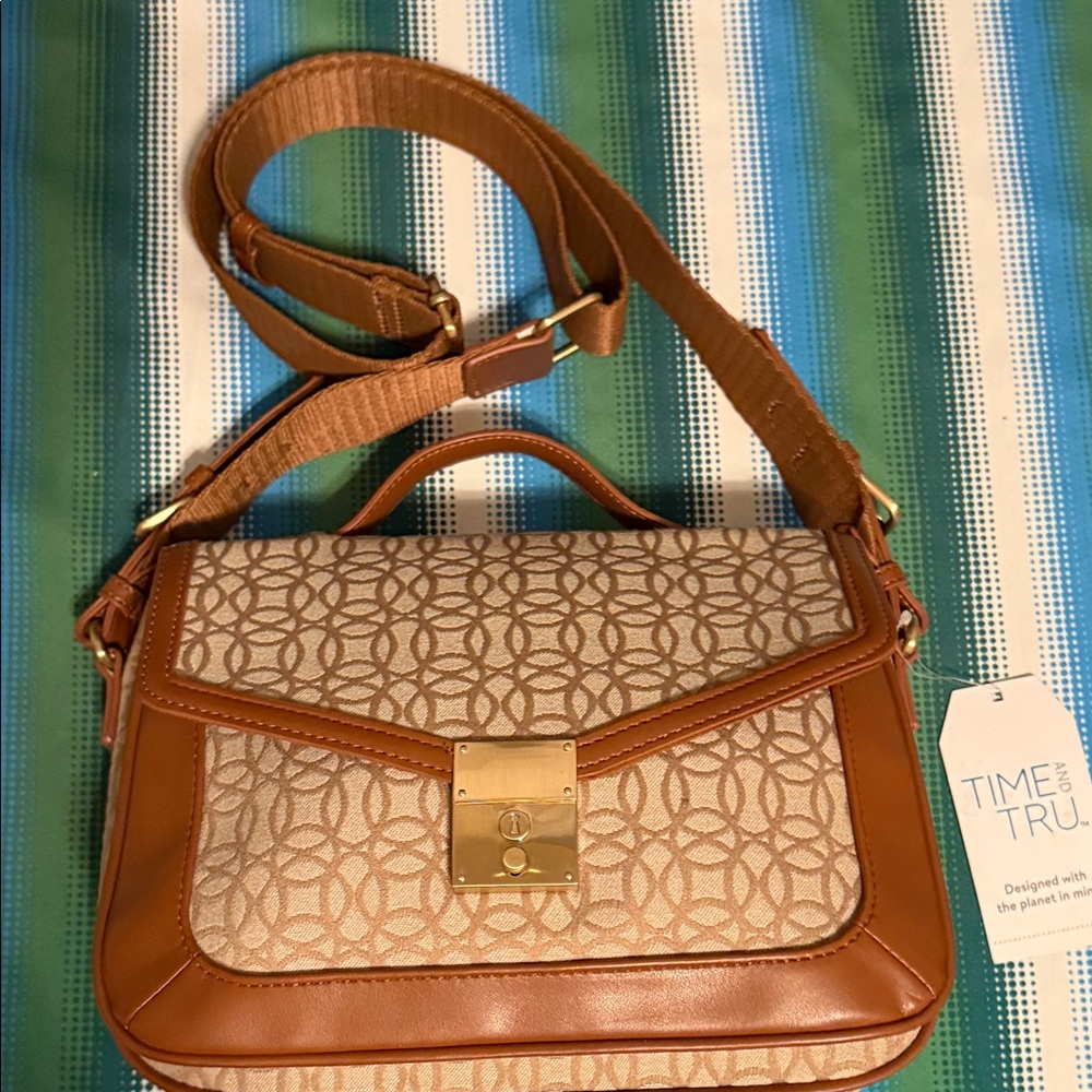 Time and Tru Tan Patterned Crossbody Satchel with Gold Lock